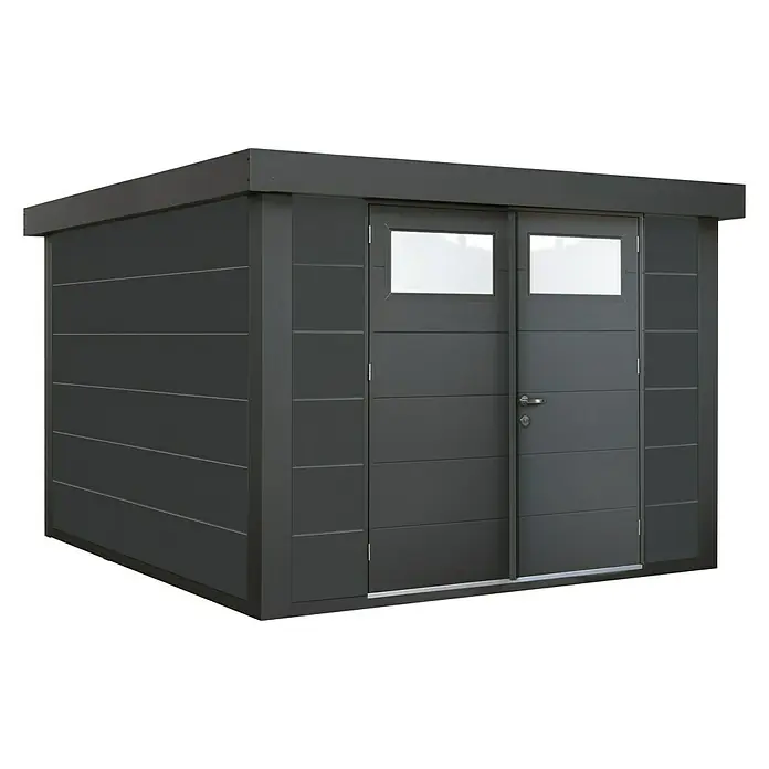 Wolff Finnhaus Gerätehaus Eleganto 2724 - Außenbreite inkl. Dachüberstand: 288 cm, Außentiefe inkl. Dachüberstand: 258 cm, Metall, Granit - Diagonale Ansicht