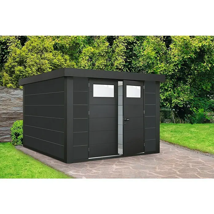 Wolff Finnhaus Gerätehaus Eleganto 2724 - Außenbreite inkl. Dachüberstand: 288 cm, Außentiefe inkl. Dachüberstand: 258 cm, Metall, Granit - Stimmungsaufnahme
