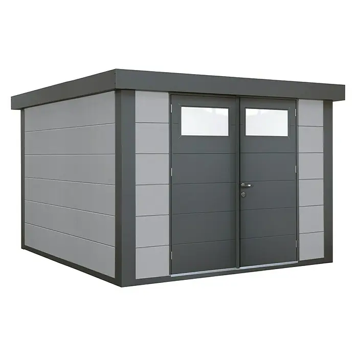 Wolff Finnhaus Gerätehaus Eleganto 2724 - Außenbreite inkl. Dachüberstand: 288 cm, Außentiefe inkl. Dachüberstand: 258 cm, Metall, Lichtgrau - Diagonale Ansicht