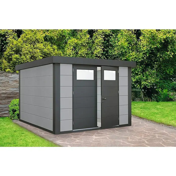 Wolff Finnhaus Gerätehaus Eleganto 2724 - Außenbreite inkl. Dachüberstand: 288 cm, Außentiefe inkl. Dachüberstand: 258 cm, Metall, Lichtgrau - Stimmungsaufnahme