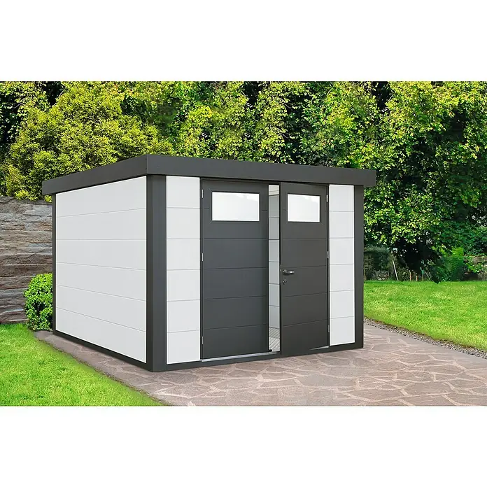 Wolff Finnhaus Gerätehaus Eleganto 2724 - Außenbreite inkl. Dachüberstand: 288 cm, Außentiefe inkl. Dachüberstand: 258 cm, Metall, Weiß - Stimmungsaufnahme