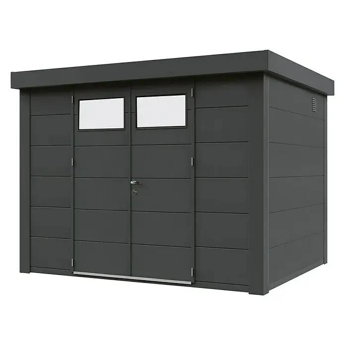 Wolff Finnhaus Gerätehaus Eleganto 3024 - Außenbreite inkl. Dachüberstand: 318 cm, Außentiefe inkl. Dachüberstand: 258 cm, Metall, Granit, Anthrazit - Diagonale Ansicht