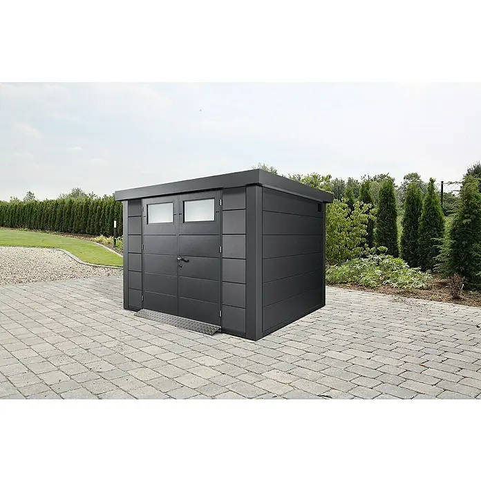 Wolff Finnhaus Gerätehaus Eleganto 3024 - Außenbreite inkl. Dachüberstand: 318 cm, Außentiefe inkl. Dachüberstand: 258 cm, Metall, Granit, Anthrazit - Stimmungsaufnahme