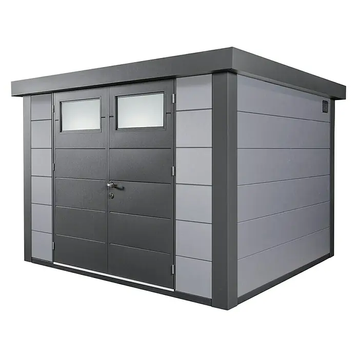 Wolff Finnhaus Gerätehaus Eleganto 3024 - Außenbreite inkl. Dachüberstand: 318 cm, Außentiefe inkl. Dachüberstand: 258 cm, Metall, Lichtgrau, Anthrazit - Diagonale Ansicht