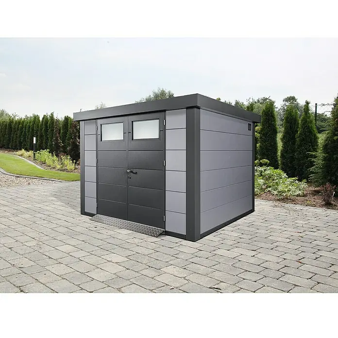 Wolff Finnhaus Gerätehaus Eleganto 3024 - Außenbreite inkl. Dachüberstand: 318 cm, Außentiefe inkl. Dachüberstand: 258 cm, Metall, Lichtgrau, Anthrazit - Stimmungsaufnahme