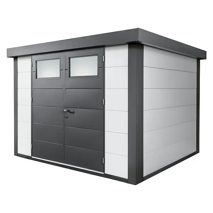 Wolff Finnhaus Gerätehaus Eleganto 3024 - Außenbreite inkl. Dachüberstand: 318 cm, Außentiefe inkl. Dachüberstand: 258 cm, Metall, Weiß, Anthrazit - Diagonale Ansicht