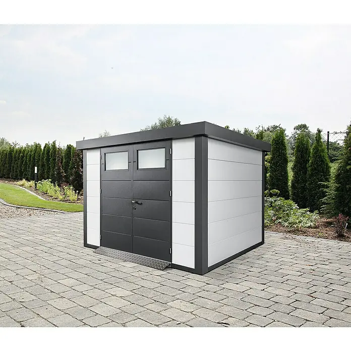 Wolff Finnhaus Gerätehaus Eleganto 3024 - Außenbreite inkl. Dachüberstand: 318 cm, Außentiefe inkl. Dachüberstand: 258 cm, Metall, Weiß, Anthrazit - Stimmungsaufnahme