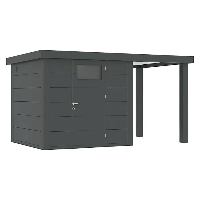Wolff Finnhaus Gerätehaus Eleganto 2424 - Außenbreite inkl. Dachüberstand: 426 cm, Außentiefe inkl. Dachüberstand: 259 cm, Metall, Granit, Mit rechtsseitigem Seitendach - Diagonale Ansicht