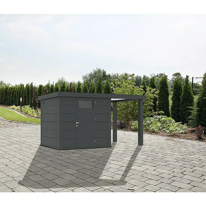 Wolff Finnhaus Gerätehaus Eleganto 2424 - Außenbreite inkl. Dachüberstand: 426 cm, Außentiefe inkl. Dachüberstand: 259 cm, Metall, Granit, Mit rechtsseitigem Seitendach - Stimmungsaufnahme