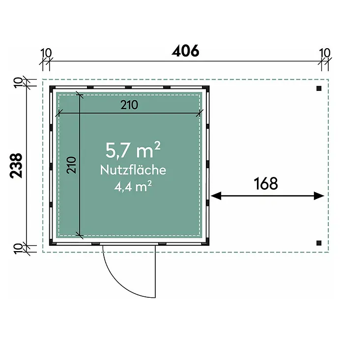 Wolff Finnhaus Gerätehaus Eleganto 2424 - Außenbreite inkl. Dachüberstand: 426 cm, Außentiefe inkl. Dachüberstand: 259 cm, Metall, Weiß, Mit rechtsseitigem Seitendach - Skizze