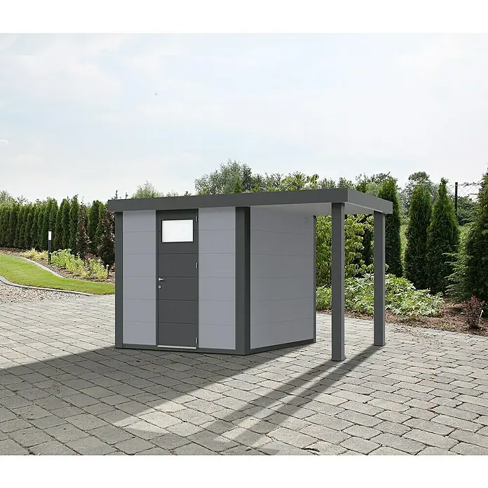 Wolff Finnhaus Gerätehaus Eleganto 2424 - Außenbreite inkl. Dachüberstand: 426 cm, Außentiefe inkl. Dachüberstand: 259 cm, Metall, Lichtgrau, Mit rechtsseitigem Seitendach - Stimmungsaufnahme