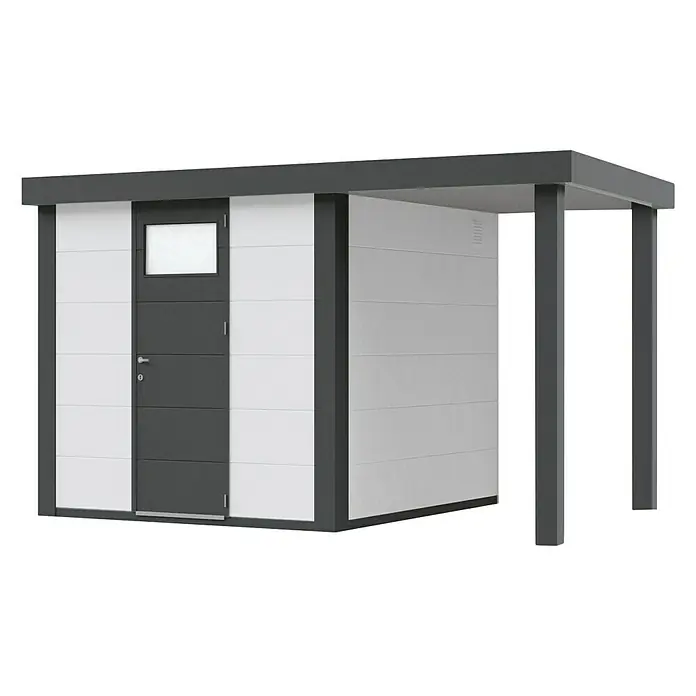 Wolff Finnhaus Gerätehaus Eleganto 2424 - Außenbreite inkl. Dachüberstand: 426 cm, Außentiefe inkl. Dachüberstand: 259 cm, Metall, Weiß, Mit rechtsseitigem Seitendach - Diagonale Ansicht
