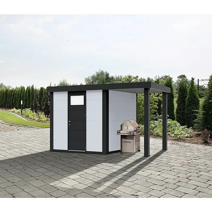 Wolff Finnhaus Gerätehaus Eleganto 2424 - Außenbreite inkl. Dachüberstand: 426 cm, Außentiefe inkl. Dachüberstand: 259 cm, Metall, Weiß, Mit rechtsseitigem Seitendach - Stimmungsaufnahme