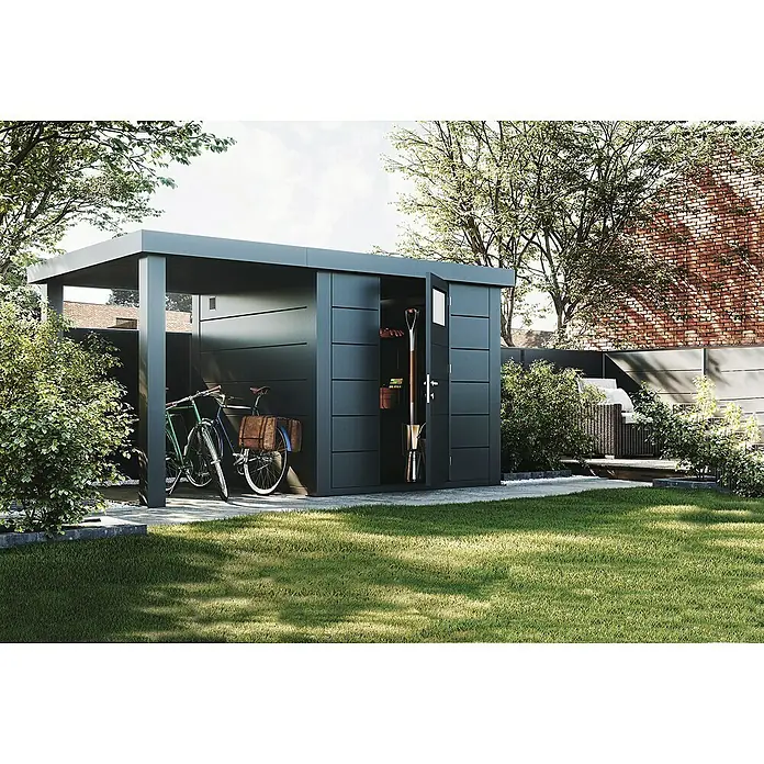 Wolff Finnhaus Gerätehaus Eleganto 2424 - Außenbreite inkl. Dachüberstand: 426 cm, Außentiefe inkl. Dachüberstand: 259 cm, Metall, Granit, Mit linksseitigem Seitendach - Stimmungsaufnahme