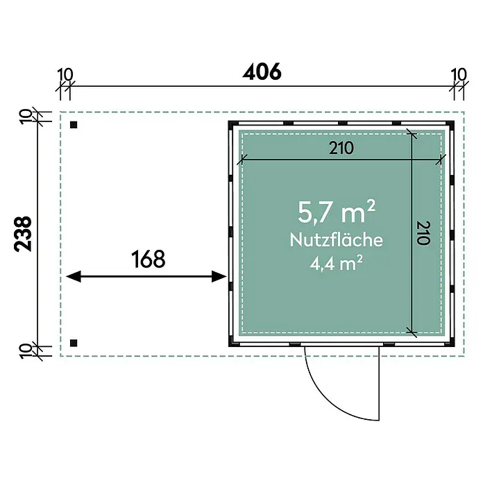 Wolff Finnhaus Gerätehaus Eleganto 2424 - Außenbreite inkl. Dachüberstand: 426 cm, Außentiefe inkl. Dachüberstand: 259 cm, Metall, Granit, Mit linksseitigem Seitendach - Skizze