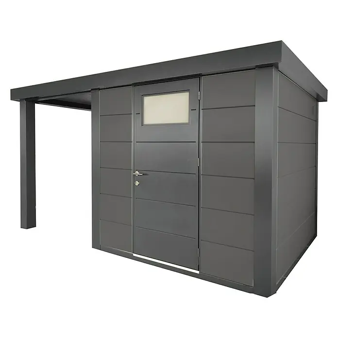 Wolff Finnhaus Gerätehaus Eleganto 2424 - Außenbreite inkl. Dachüberstand: 426 cm, Außentiefe inkl. Dachüberstand: 259 cm, Metall, Granit, Mit linksseitigem Seitendach - Diagonale Ansicht