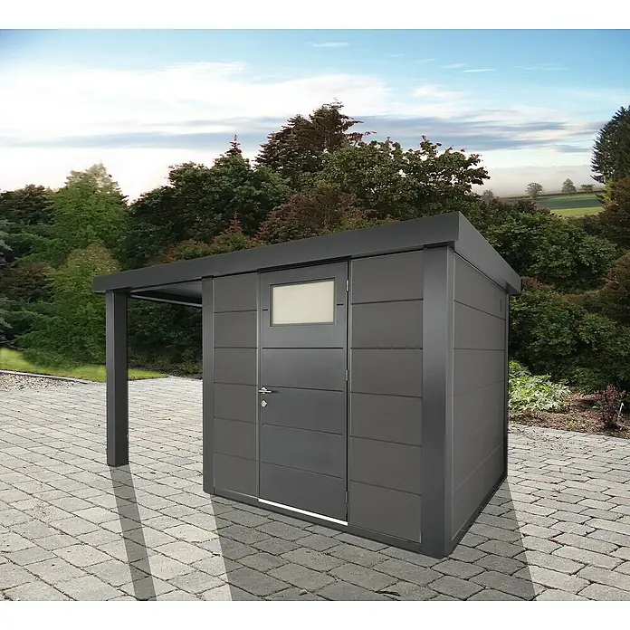 Wolff Finnhaus Gerätehaus Eleganto 2424 - Außenbreite inkl. Dachüberstand: 426 cm, Außentiefe inkl. Dachüberstand: 259 cm, Metall, Granit, Mit linksseitigem Seitendach - Stimmungsaufnahme