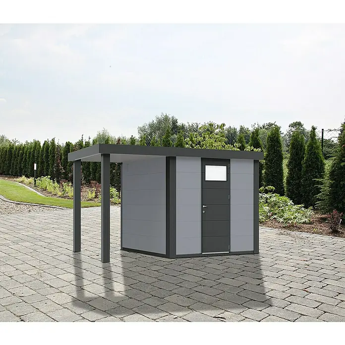 Wolff Finnhaus Gerätehaus Eleganto 2424 - Außenbreite inkl. Dachüberstand: 426 cm, Außentiefe inkl. Dachüberstand: 259 cm, Metall, Lichtgrau, Mit linksseitigem Seitendach - Stimmungsaufnahme