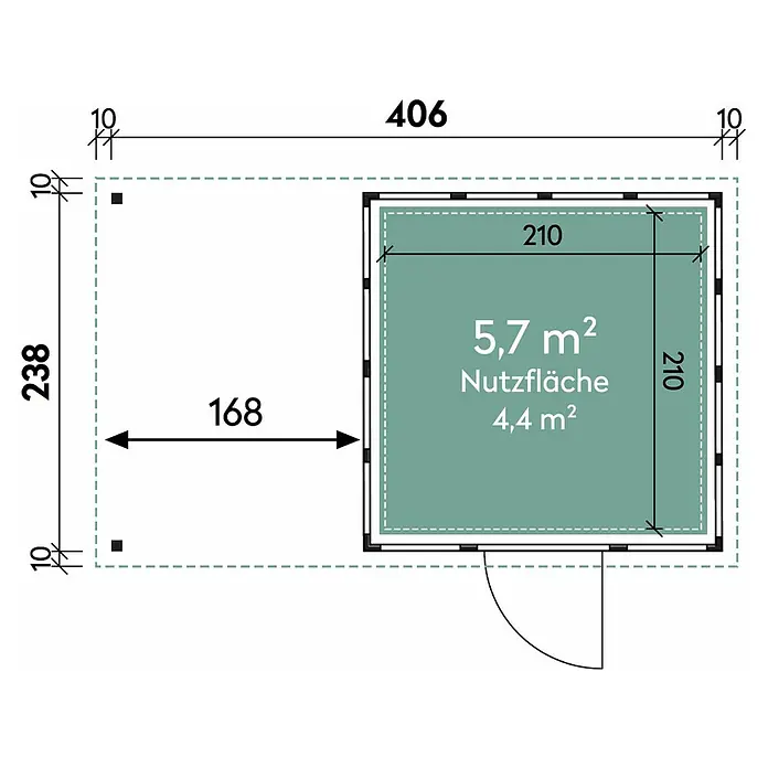 Wolff Finnhaus Gerätehaus Eleganto 2424 - Außenbreite inkl. Dachüberstand: 426 cm, Außentiefe inkl. Dachüberstand: 259 cm, Metall, Weiß, Mit linksseitigem Seitendach - Skizze