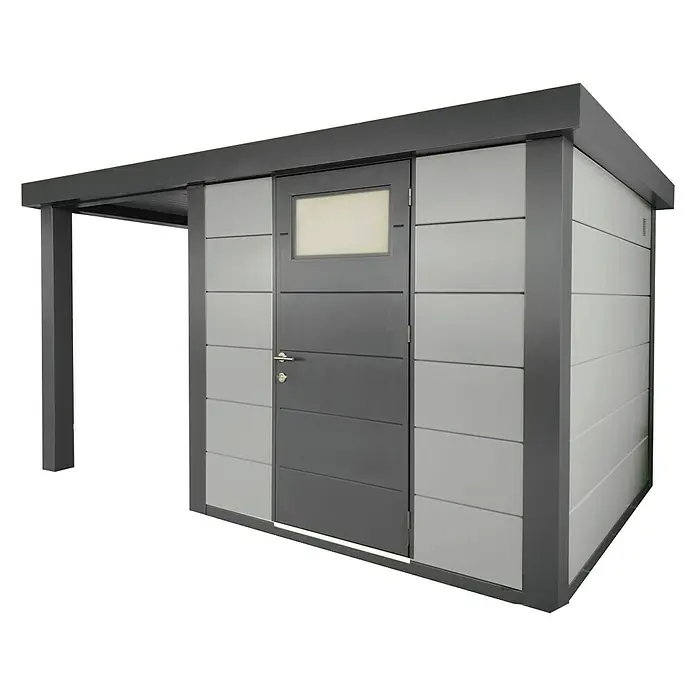 Wolff Finnhaus Gerätehaus Eleganto 2424 - Außenbreite inkl. Dachüberstand: 426 cm, Außentiefe inkl. Dachüberstand: 259 cm, Metall, Lichtgrau, Mit linksseitigem Seitendach - Diagonale Ansicht