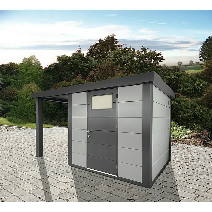 Wolff Finnhaus Gerätehaus Eleganto 2424 - Außenbreite inkl. Dachüberstand: 426 cm, Außentiefe inkl. Dachüberstand: 259 cm, Metall, Lichtgrau, Mit linksseitigem Seitendach - Stimmungsaufnahme