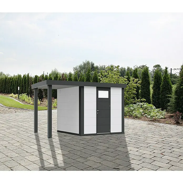 Wolff Finnhaus Gerätehaus Eleganto 2424 - Außenbreite inkl. Dachüberstand: 426 cm, Außentiefe inkl. Dachüberstand: 259 cm, Metall, Weiß, Mit linksseitigem Seitendach - Stimmungsaufnahme