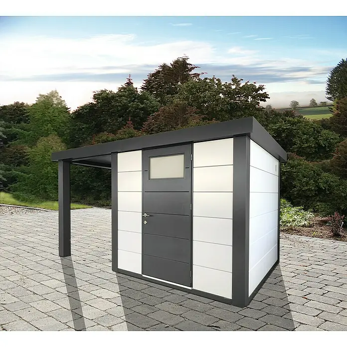 Wolff Finnhaus Gerätehaus Eleganto 2424 - Außenbreite inkl. Dachüberstand: 426 cm, Außentiefe inkl. Dachüberstand: 259 cm, Metall, Weiß, Mit linksseitigem Seitendach - Stimmungsaufnahme