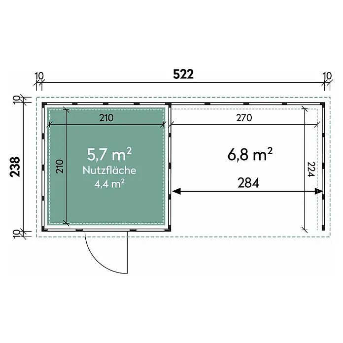 Wolff Finnhaus Gerätehaus Eleganto 2424 - 542 cm, 258 cm, Metall, Lichtgrau, Mit rechtsseitigem Anbau - Skizze