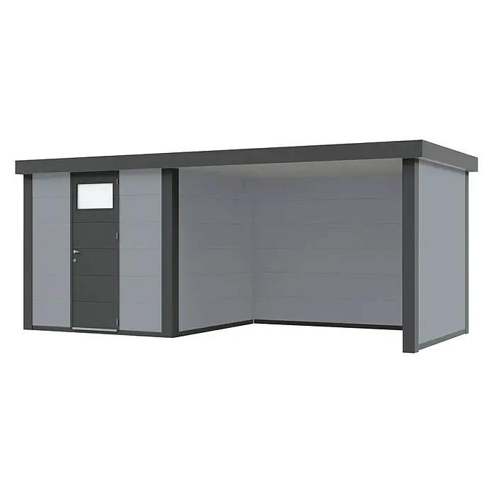 Wolff Finnhaus Gerätehaus Eleganto 2424 - 542 cm, 258 cm, Metall, Lichtgrau, Mit rechtsseitigem Anbau - Diagonale Ansicht