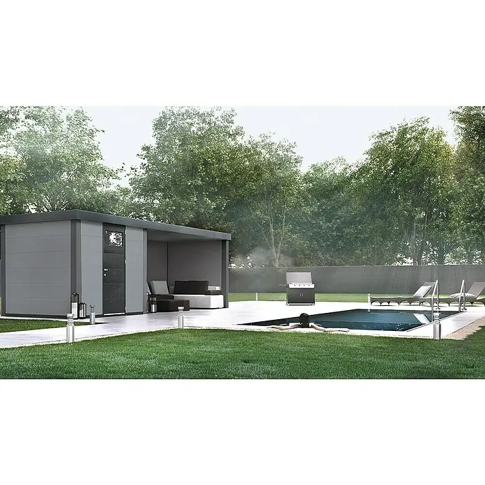 Wolff Finnhaus Gerätehaus Eleganto 2424 - 542 cm, 258 cm, Metall, Lichtgrau, Mit rechtsseitigem Anbau - Stimmungsaufnahme