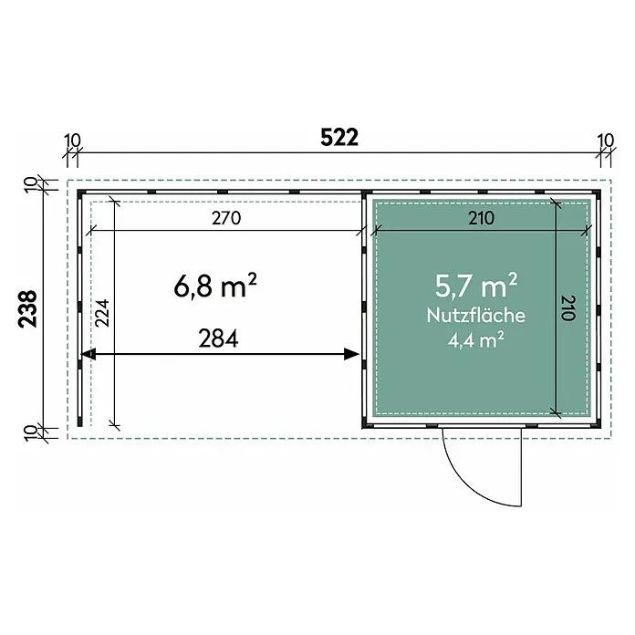 Wolff Finnhaus Gerätehaus Eleganto 2424 - 542 cm, 258 cm, Metall, Lichtgrau, Mit linksseitigem Anbau - Skizze