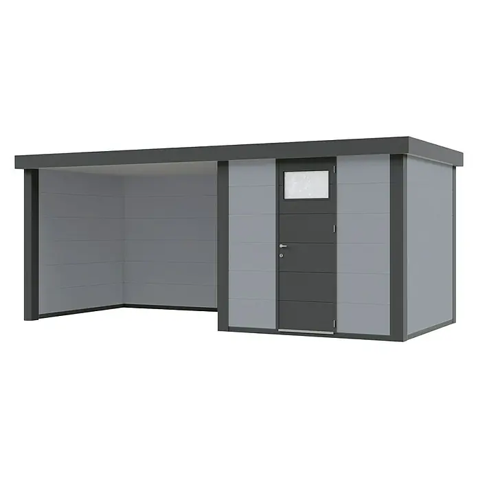 Wolff Finnhaus Gerätehaus Eleganto 2424 - 542 cm, 258 cm, Metall, Lichtgrau, Mit linksseitigem Anbau - Diagonale Ansicht