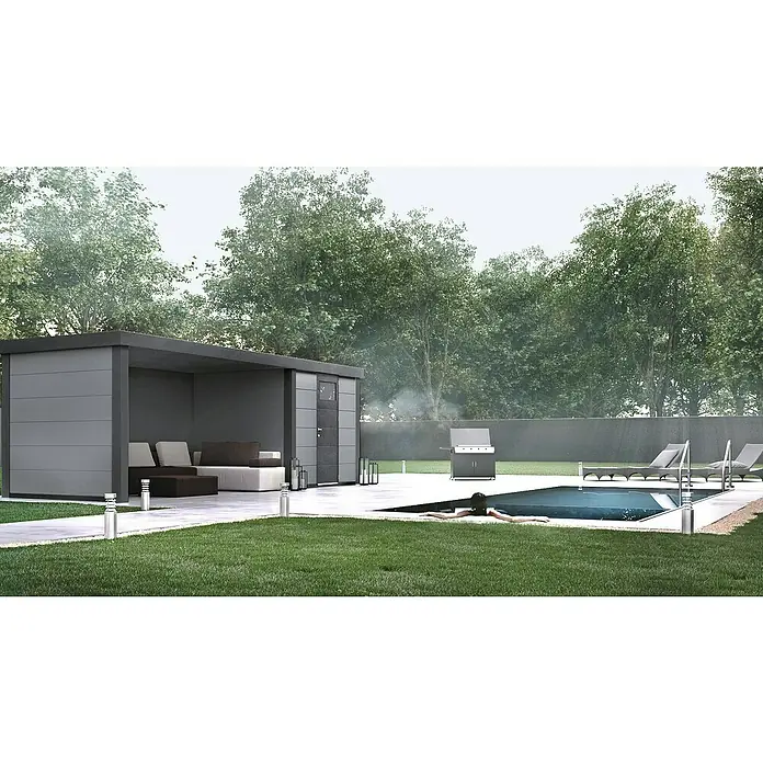Wolff Finnhaus Gerätehaus Eleganto 2424 - 542 cm, 258 cm, Metall, Lichtgrau, Mit linksseitigem Anbau - Stimmungsaufnahme