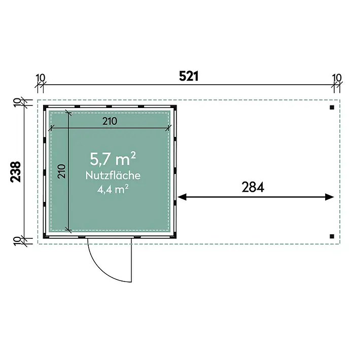 Wolff Finnhaus Gerätehaus Eleganto 2424 - Außenbreite inkl. Dachüberstand: 542 cm, Außentiefe inkl. Dachüberstand: 259 cm, Metall, Granit, Mit rechtsseitigem Seitendach - Skizze
