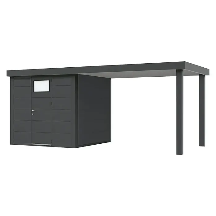 Wolff Finnhaus Gerätehaus Eleganto 2424 - Außenbreite inkl. Dachüberstand: 542 cm, Außentiefe inkl. Dachüberstand: 259 cm, Metall, Granit, Mit rechtsseitigem Seitendach - Diagonale Ansicht