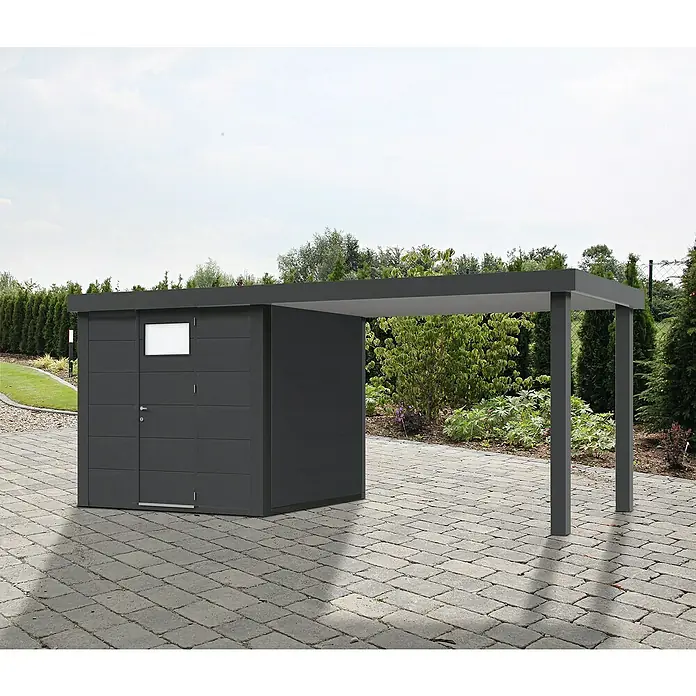 Wolff Finnhaus Gerätehaus Eleganto 2424 - Außenbreite inkl. Dachüberstand: 542 cm, Außentiefe inkl. Dachüberstand: 259 cm, Metall, Granit, Mit rechtsseitigem Seitendach - Stimmungsaufnahme