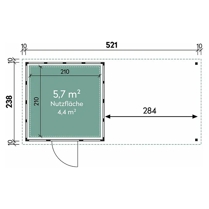 Wolff Finnhaus Gerätehaus Eleganto 2424 - Außenbreite inkl. Dachüberstand: 542 cm, Außentiefe inkl. Dachüberstand: 259 cm, Metall, Weiß, Mit rechtsseitigem Seitendach - Skizze