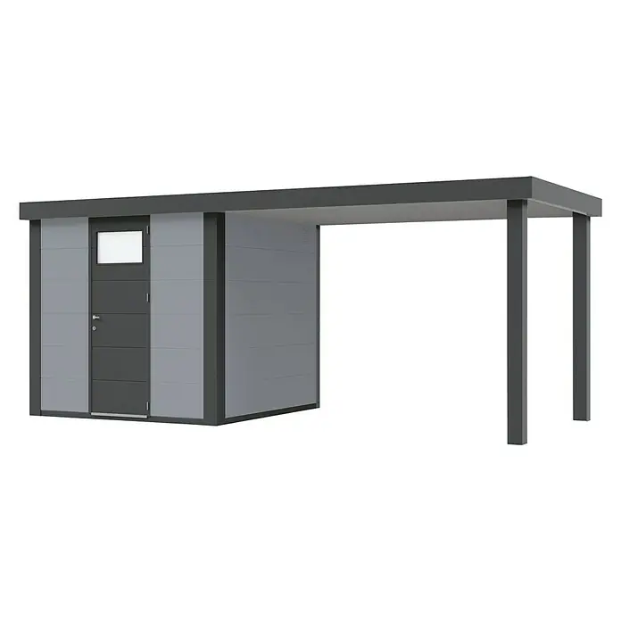 Wolff Finnhaus Gerätehaus Eleganto 2424 - Außenbreite inkl. Dachüberstand: 542 cm, Außentiefe inkl. Dachüberstand: 259 cm, Metall, Lichtgrau, Mit rechtsseitigem Seitendach - Diagonale Ansicht