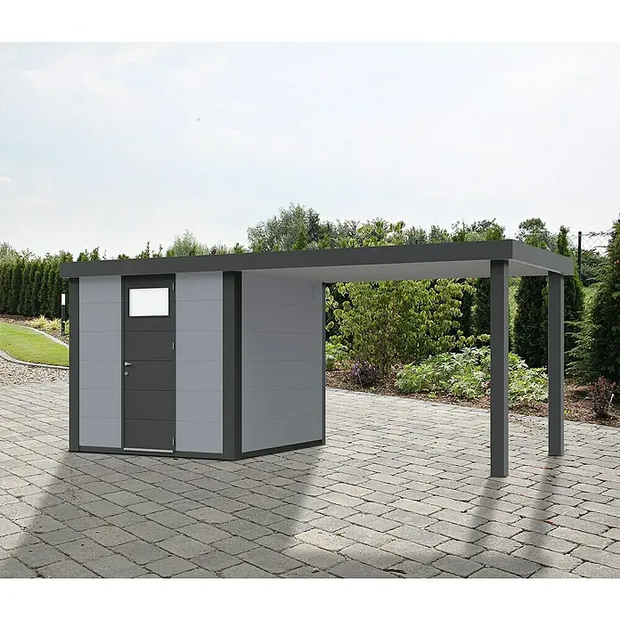 Wolff Finnhaus Gerätehaus Eleganto 2424 - Außenbreite inkl. Dachüberstand: 542 cm, Außentiefe inkl. Dachüberstand: 259 cm, Metall, Lichtgrau, Mit rechtsseitigem Seitendach - Stimmungsaufnahme