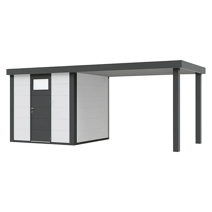 Wolff Finnhaus Gerätehaus Eleganto 2424 - Außenbreite inkl. Dachüberstand: 542 cm, Außentiefe inkl. Dachüberstand: 259 cm, Metall, Weiß, Mit rechtsseitigem Seitendach - Diagonale Ansicht