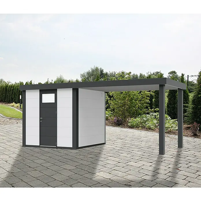 Wolff Finnhaus Gerätehaus Eleganto 2424 - Außenbreite inkl. Dachüberstand: 542 cm, Außentiefe inkl. Dachüberstand: 259 cm, Metall, Weiß, Mit rechtsseitigem Seitendach - Stimmungsaufnahme