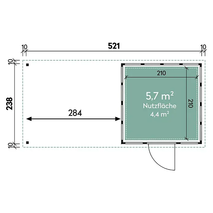 Wolff Finnhaus Gerätehaus Eleganto 2424 - Außenbreite inkl. Dachüberstand: 542 cm, Außentiefe inkl. Dachüberstand: 259 cm, Metall, Granit, Mit linksseitigem Seitendach - Skizze