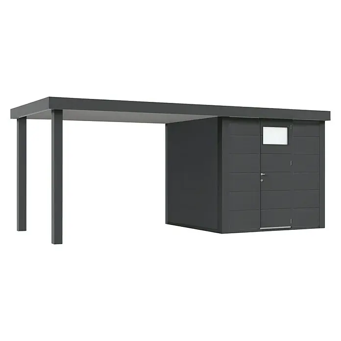 Wolff Finnhaus Gerätehaus Eleganto 2424 - Außenbreite inkl. Dachüberstand: 542 cm, Außentiefe inkl. Dachüberstand: 259 cm, Metall, Granit, Mit linksseitigem Seitendach - Diagonale Ansicht