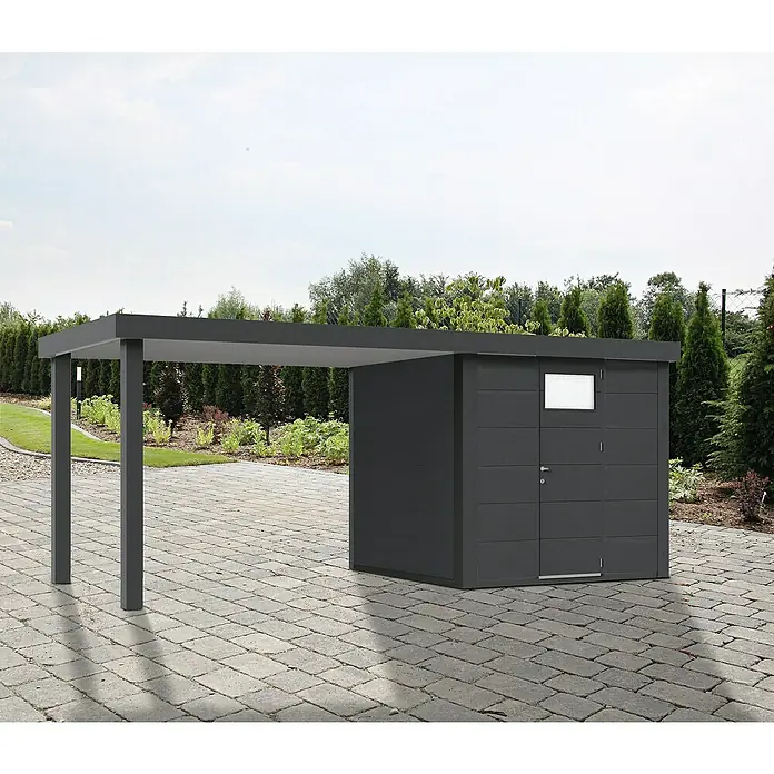 Wolff Finnhaus Gerätehaus Eleganto 2424 - Außenbreite inkl. Dachüberstand: 542 cm, Außentiefe inkl. Dachüberstand: 259 cm, Metall, Granit, Mit linksseitigem Seitendach - Stimmungsaufnahme