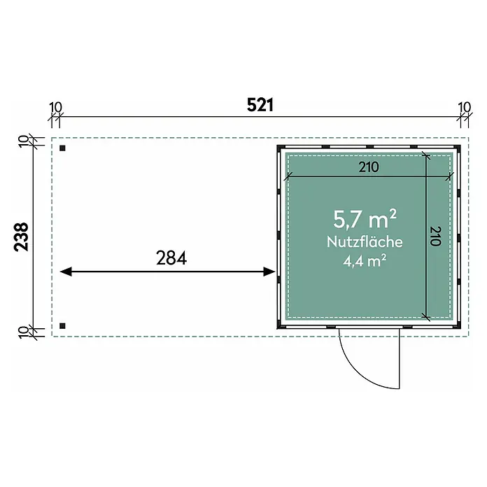 Wolff Finnhaus Gerätehaus Eleganto 2424 - Außenbreite inkl. Dachüberstand: 542 cm, Außentiefe inkl. Dachüberstand: 259 cm, Metall, Weiß, Mit linksseitigem Seitendach - Skizze