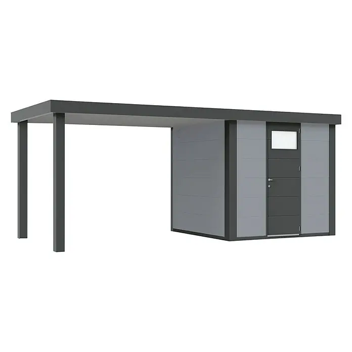 Wolff Finnhaus Gerätehaus Eleganto 2424 - Außenbreite inkl. Dachüberstand: 542 cm, Außentiefe inkl. Dachüberstand: 259 cm, Metall, Lichtgrau, Mit linksseitigem Seitendach - Diagonale Ansicht
