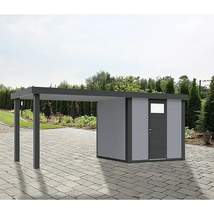 Wolff Finnhaus Gerätehaus Eleganto 2424 - Außenbreite inkl. Dachüberstand: 542 cm, Außentiefe inkl. Dachüberstand: 259 cm, Metall, Lichtgrau, Mit linksseitigem Seitendach - Stimmungsaufnahme