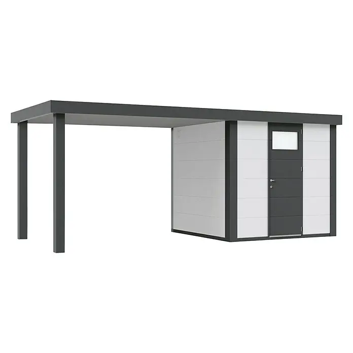 Wolff Finnhaus Gerätehaus Eleganto 2424 - Außenbreite inkl. Dachüberstand: 542 cm, Außentiefe inkl. Dachüberstand: 259 cm, Metall, Weiß, Mit linksseitigem Seitendach - Diagonale Ansicht
