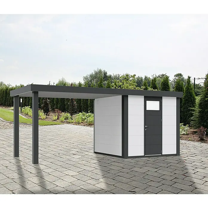 Wolff Finnhaus Gerätehaus Eleganto 2424 - Außenbreite inkl. Dachüberstand: 542 cm, Außentiefe inkl. Dachüberstand: 259 cm, Metall, Weiß, Mit linksseitigem Seitendach - Stimmungsaufnahme