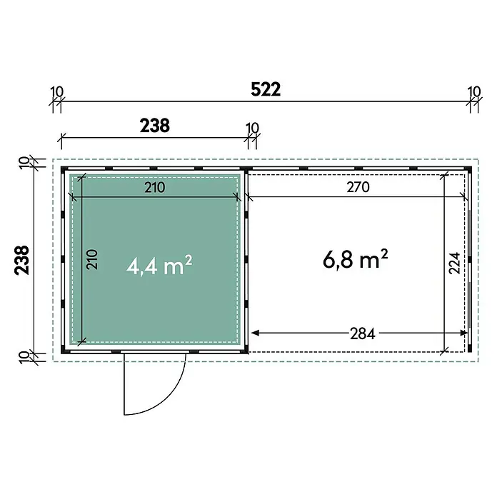 Wolff Finnhaus Gerätehaus Eleganto 2424 - Außenbreite inkl. Dachüberstand: 542 cm, Außentiefe inkl. Dachüberstand: 258 cm, Metall, Granit, Mit rechtsseitigem Anbau & 2 Fenstern - Skizze